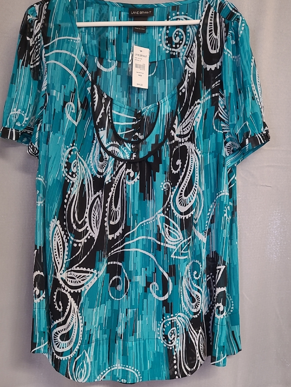 Lane Bryant Teal, Black and White Paisley Scoop Neck Top